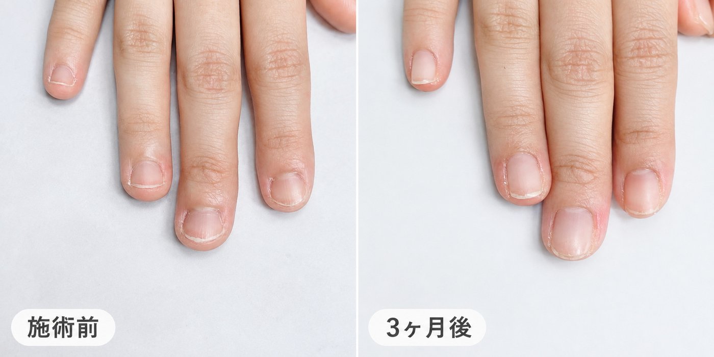 爪が小さく先に向かって広がる方の左手。施術前と3ヶ月後の比較